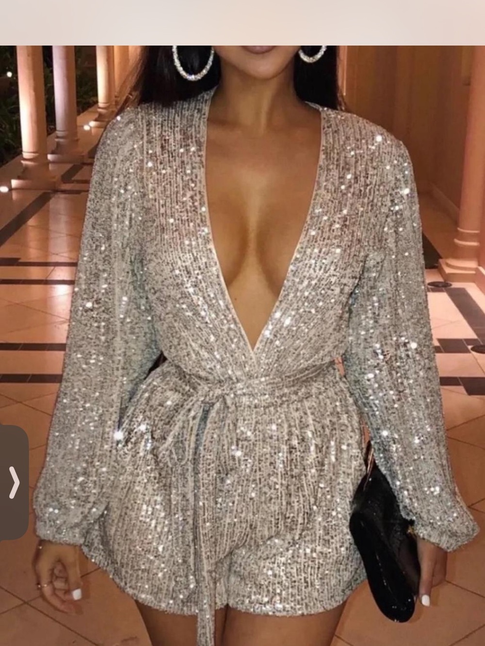 NWT BabyBoo Fashion Sequin Plunge V-Neck Silver Champagne Wrap Romper Dress